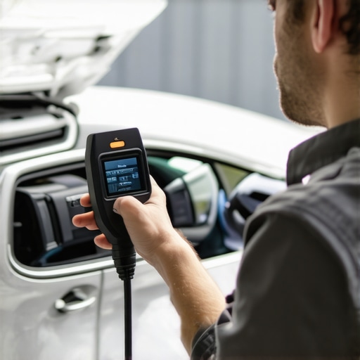 Person performing a diagnostic scan on a modern car using an OBD-II scanner.