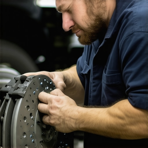 Auto mechanic examining brake components during vehicle maintenance