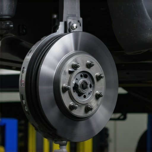 Mechanic carefully examining brake pads and rotors during vehicle maintenance.