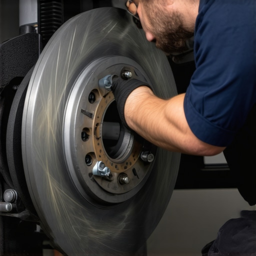 Mechanic carefully examining brake pads and rotors during vehicle maintenance.