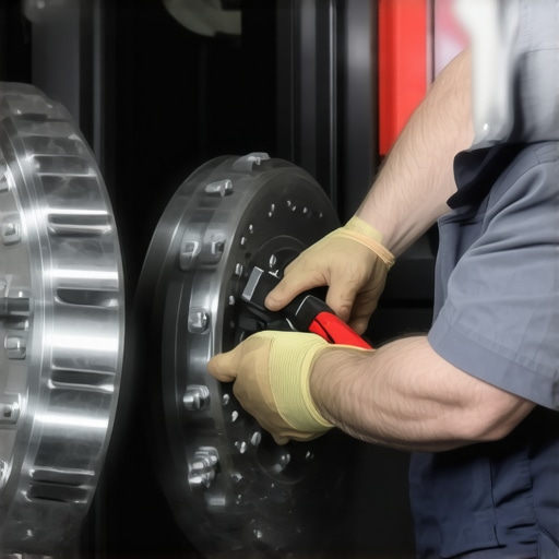 Mechanic inspecting brake system using diagnostic equipment.