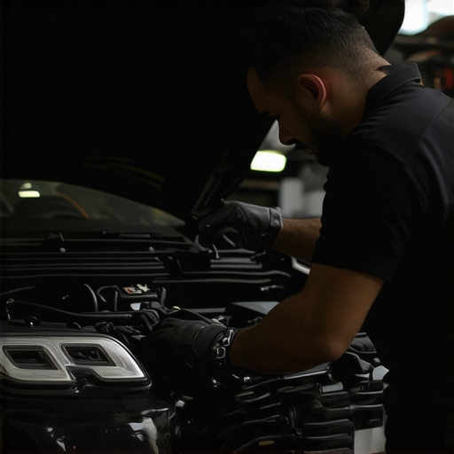Mechanic adjusting engine components during a professional tune-up.