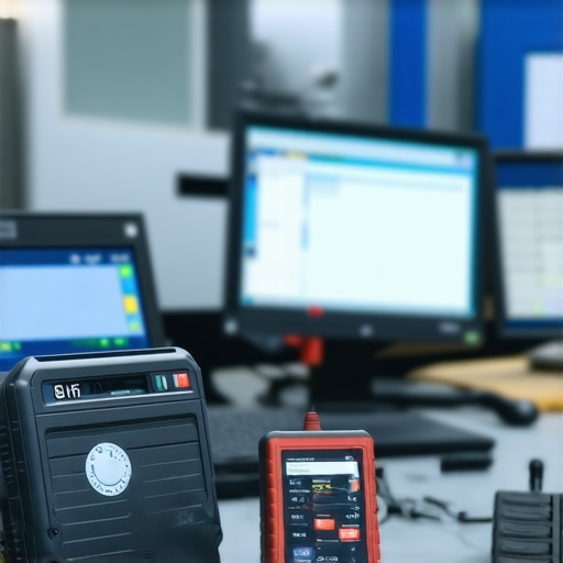 Vehicle diagnostic scanner in auto repair shop Auto technician using diagnostic scanner to check vehicle systems