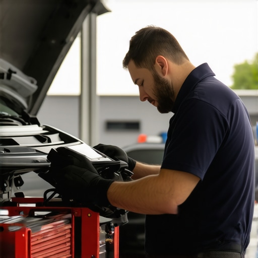 Advanced auto diagnostic tools in use Auto technician performing diagnostics with laser alignment and sensors.