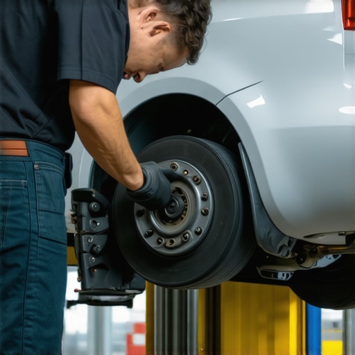 Brake Inspection by Auto Expert Mechanic performing a brake system inspection in a modern auto repair shop