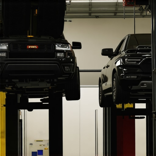 Technicians using high-tech diagnostic equipment in a modern auto repair shop