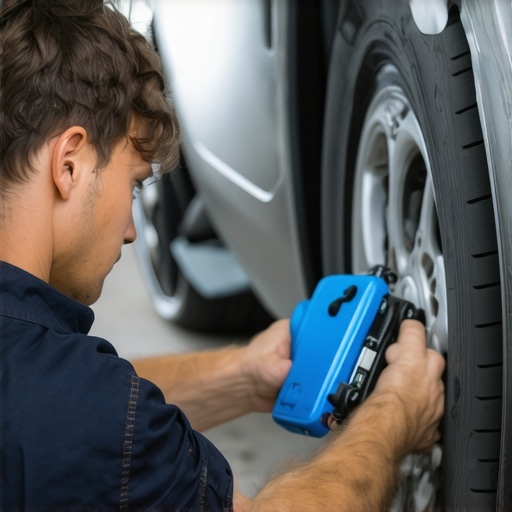 Mechanic inspecting brake system with diagnostic equipment