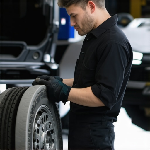 Mechanic performing brake inspection in a professional auto repair shop