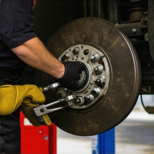 Mechanic inspecting car brake system with professional tools