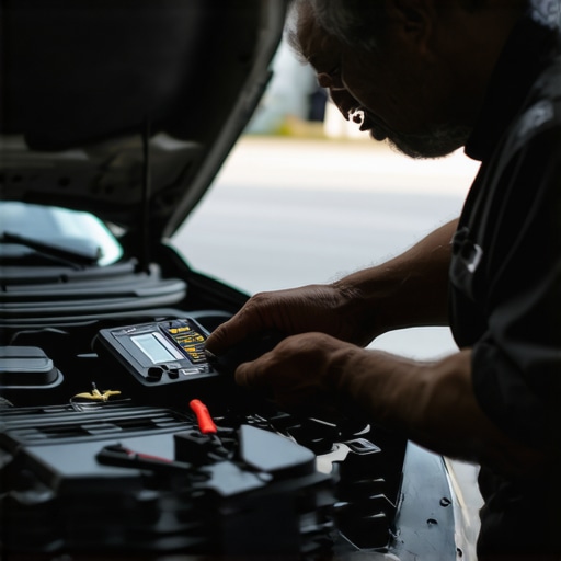 Mechanic using diagnostic tools to evaluate car engine performance