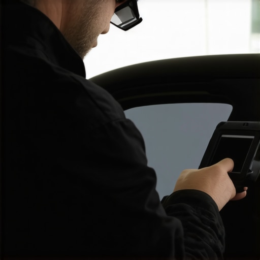 Mechanic performing electronic diagnostics on a car's dashboard with advanced tools.