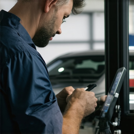 Technicians using advanced diagnostic tools in a modern auto repair shop.
