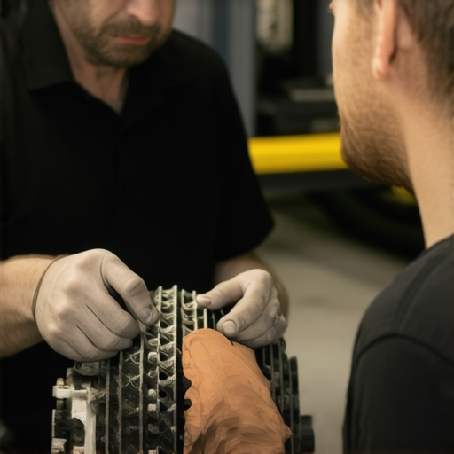 Mechanic showing car parts to customer to illustrate transparency in auto repair
