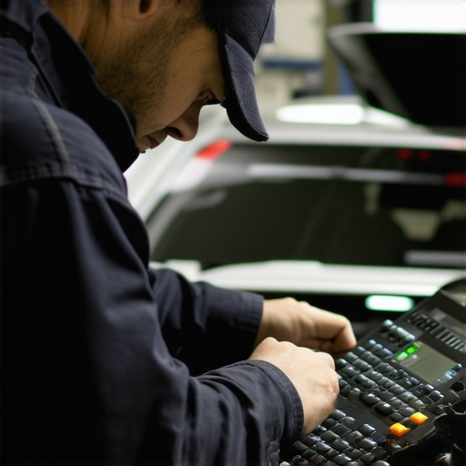 Technician using advanced diagnostic tools in a modern auto shop