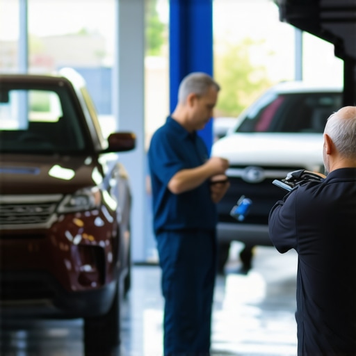 Technicians using advanced diagnostic equipment in a state-of-the-art auto repair shop