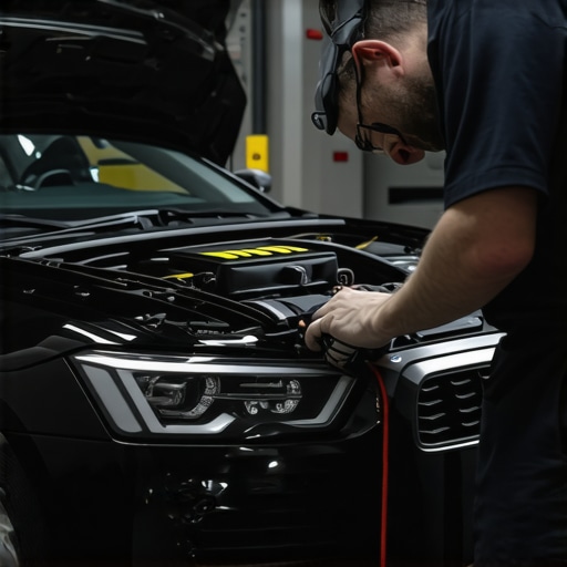 Auto mechanic using diagnostic equipment on a modern car engine in a repair shop.