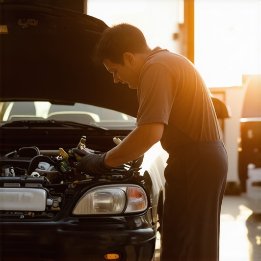 Mechanic inspecting car engine during routine maintenance.