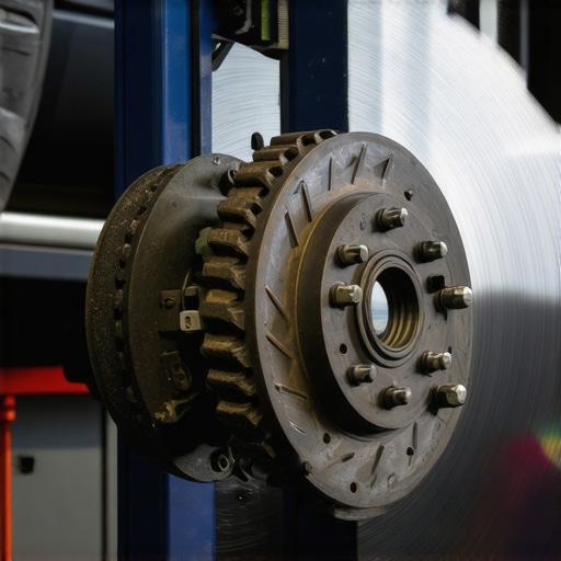 Mechanic inspecting brake pads and rotors during vehicle maintenance.