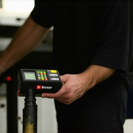 Mechanic inspecting brake pads with digital gauge and lifting car with hydraulic jack