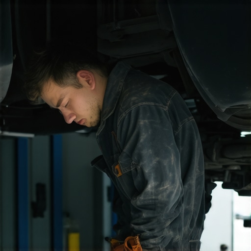 Mechanic inspecting car brakes during maintenance