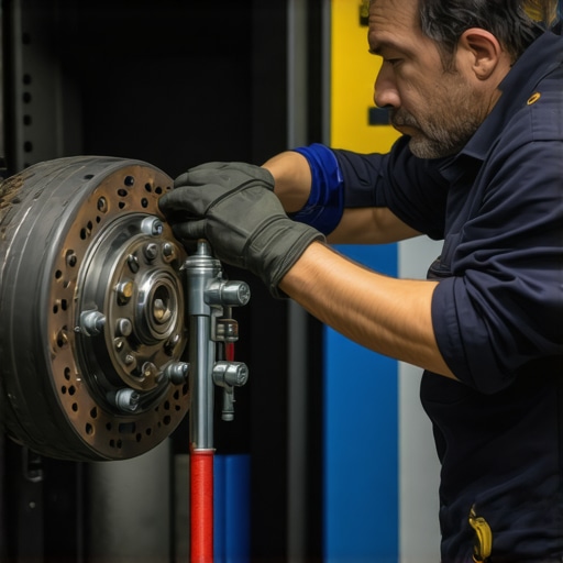 Mechanic inspecting brake pads and rotors during auto repair