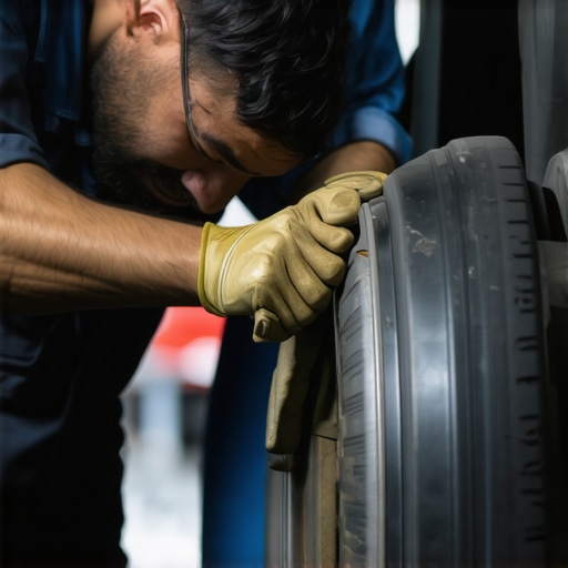 Mechanic inspecting car brake system during service