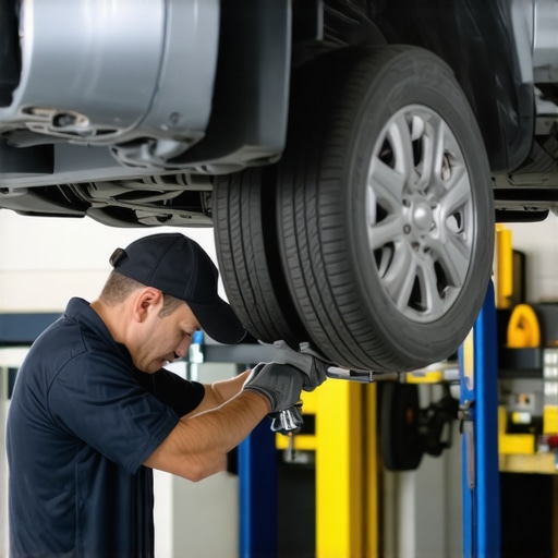 Auto mechanic replacing brake pads in a workshop setting.