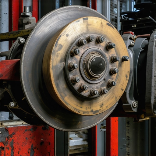 Technician inspecting and repairing a car's brake system with tools.