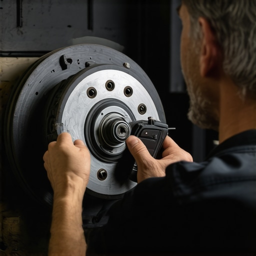 Mechanic analyzing brake system components with diagnostic scanner.
