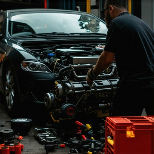 Mechanic working on a car engine during a tune-up