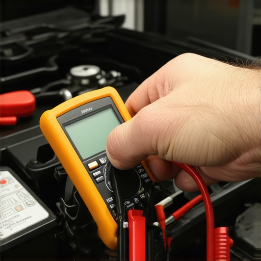 A mechanic testing a car's electrical system with a digital multimeter in an auto repair shop.