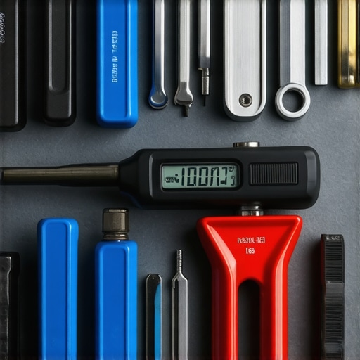 A set of digital and mechanical automotive tools arranged neatly on a workbench