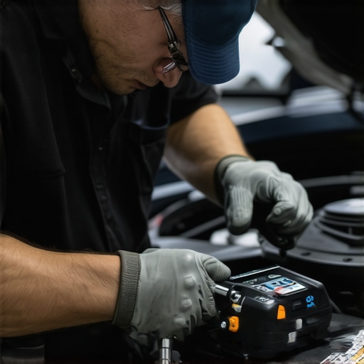 A mechanic calibrating a digital torque wrench and using an OBD2 diagnostic scanner in a workshop.