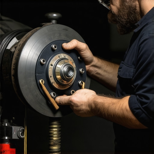 Mechanic inspecting car brakes carefully with specialized tools.