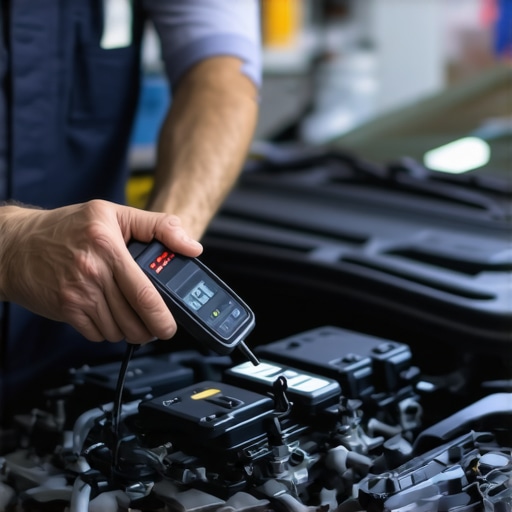 Mechanic performing vehicle diagnostics with a handheld scanner on a car engine