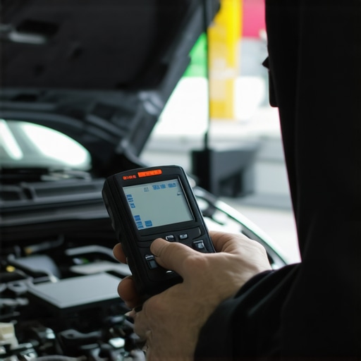 Mechanic using diagnostic scanner on car engine in workshop
