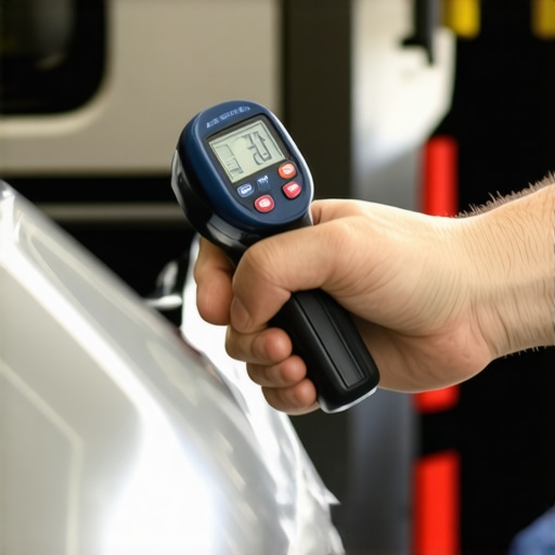 A close-up of a technician measuring brake temperature with a digital infrared thermometer.