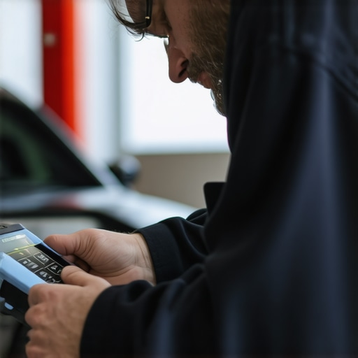 Mechanic diagnosing vehicle computer systems with a modern scanner.