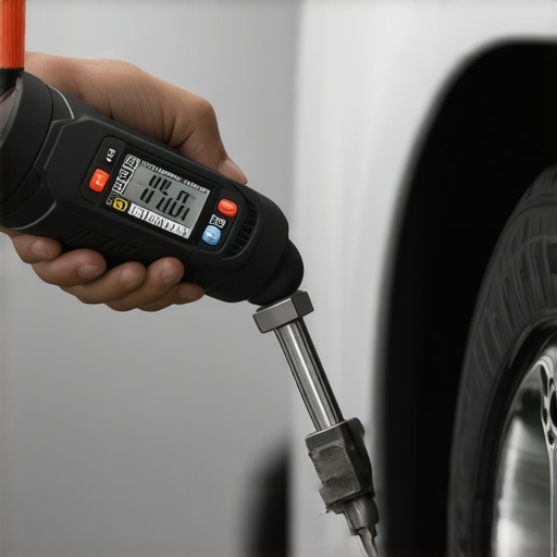 A person tightening a car bolt with a digital torque wrench during a maintenance session.