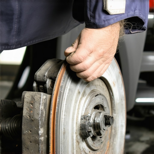 Mechanic examining brake calipers during vehicle maintenance.