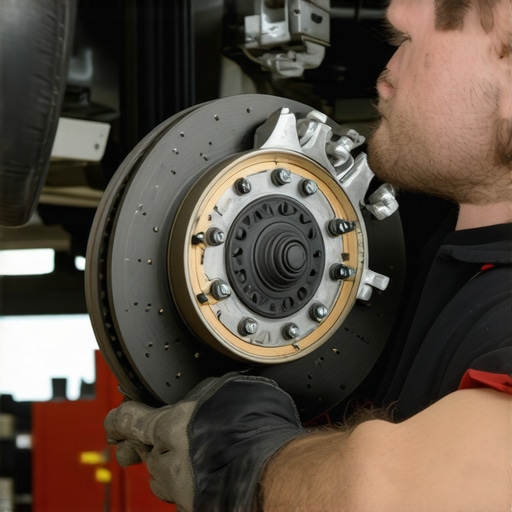Mechanic inspecting brake pads and rotors during maintenance