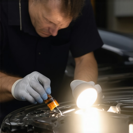 Mechanic inspecting car fluid reservoirs with flashlight