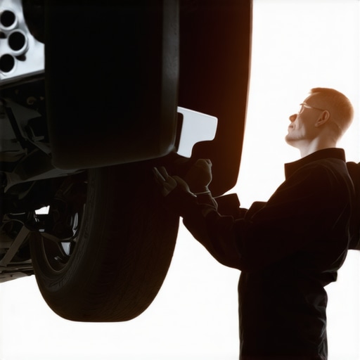 Mechanic checking vehicle wheels and suspension for steering issues.