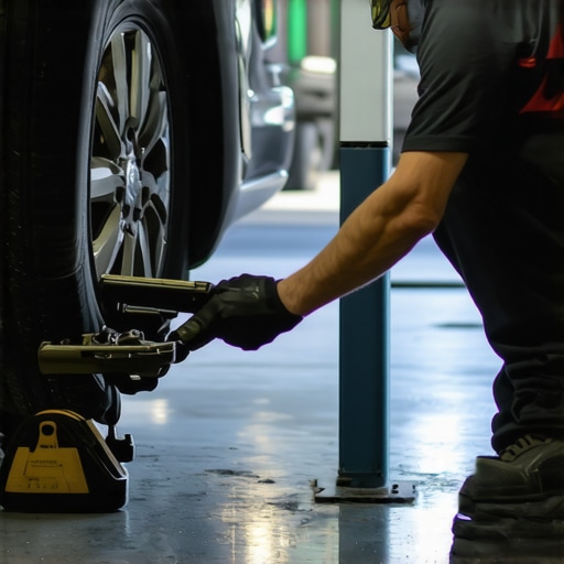 Person checking car brakes and fluids during maintenance