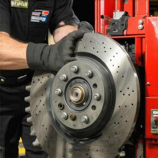 A mechanic examining brake rotors and pads during car service.