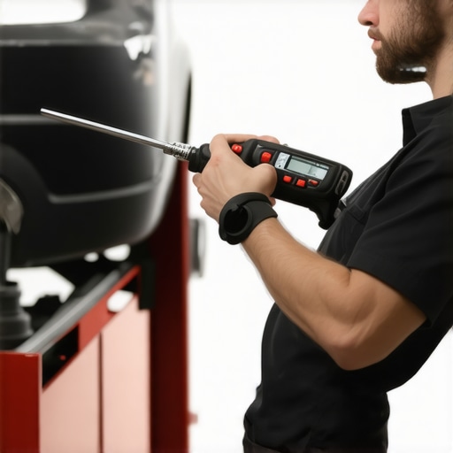 Mechanic adjusting a digital torque wrench during vehicle maintenance
