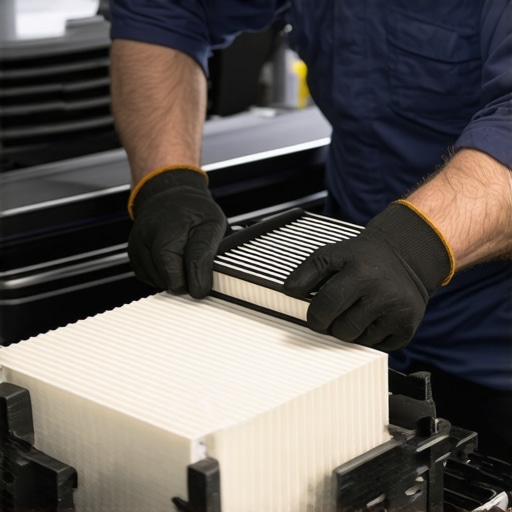 Mechanic changing a car's air filter in a workshop environment