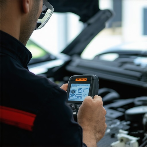 Mechanic connecting a digital scan tool to a car's OBD-II port for thorough diagnostics