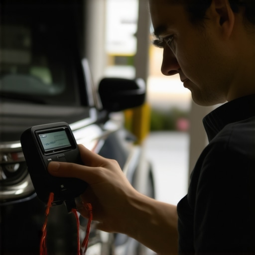 A hand holding a car diagnostic tool connected to the vehicle's port in a garage