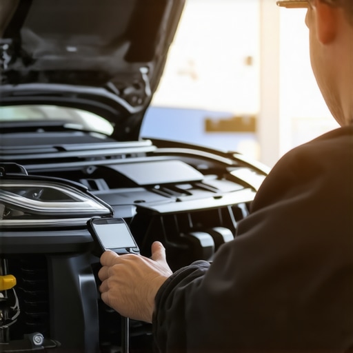 Technician inspecting hybrid brake system with diagnostic tools in workshop